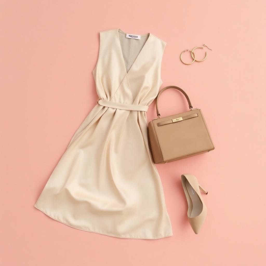 Elegant women's fashion flat lay — dress, handbag, heels and jewellery