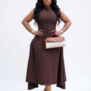 Sleeveless Midi A-Line Dress with Side Draping and Embellishments. - Image 1