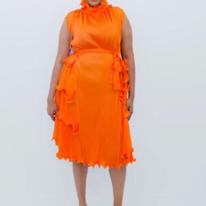 High-Neck Sleeveless Midi Dress with Side Ruffles - Image 1