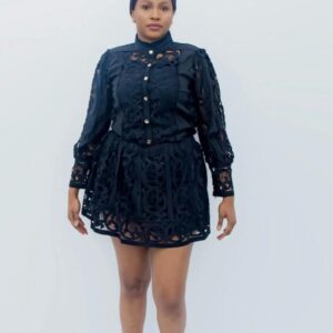 Black Long-Sleeve Lace Cut-Out Mini Dress - Image 1