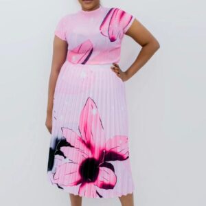 Pink Floral Pleated Midi Dress - Image 1