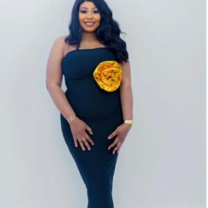 Strapless Black Maxi Dress with a 3D Gold Flower Appliqué - Image 1