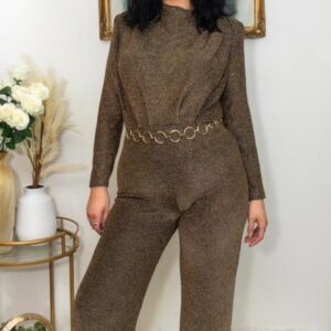 Bronze Metallic Long-Sleeve Wide-Leg Jumpsuit - Image 1