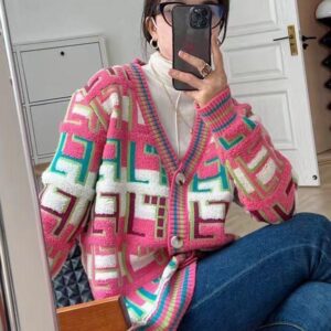 Pink Multicolor Intarsia Logo Knit Cardigan - Image 1
