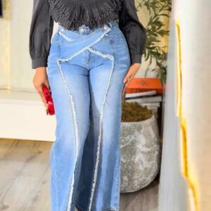 Cross-Waist Frayed Wide-Leg Jeans - Image 1