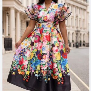 Floral organza midi dress with tiered ruffle sleeves. - Image 1