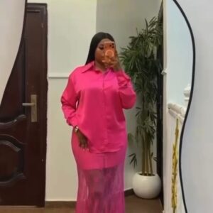 Satin shirt and sheer lace maxi skirt set. - Image 1